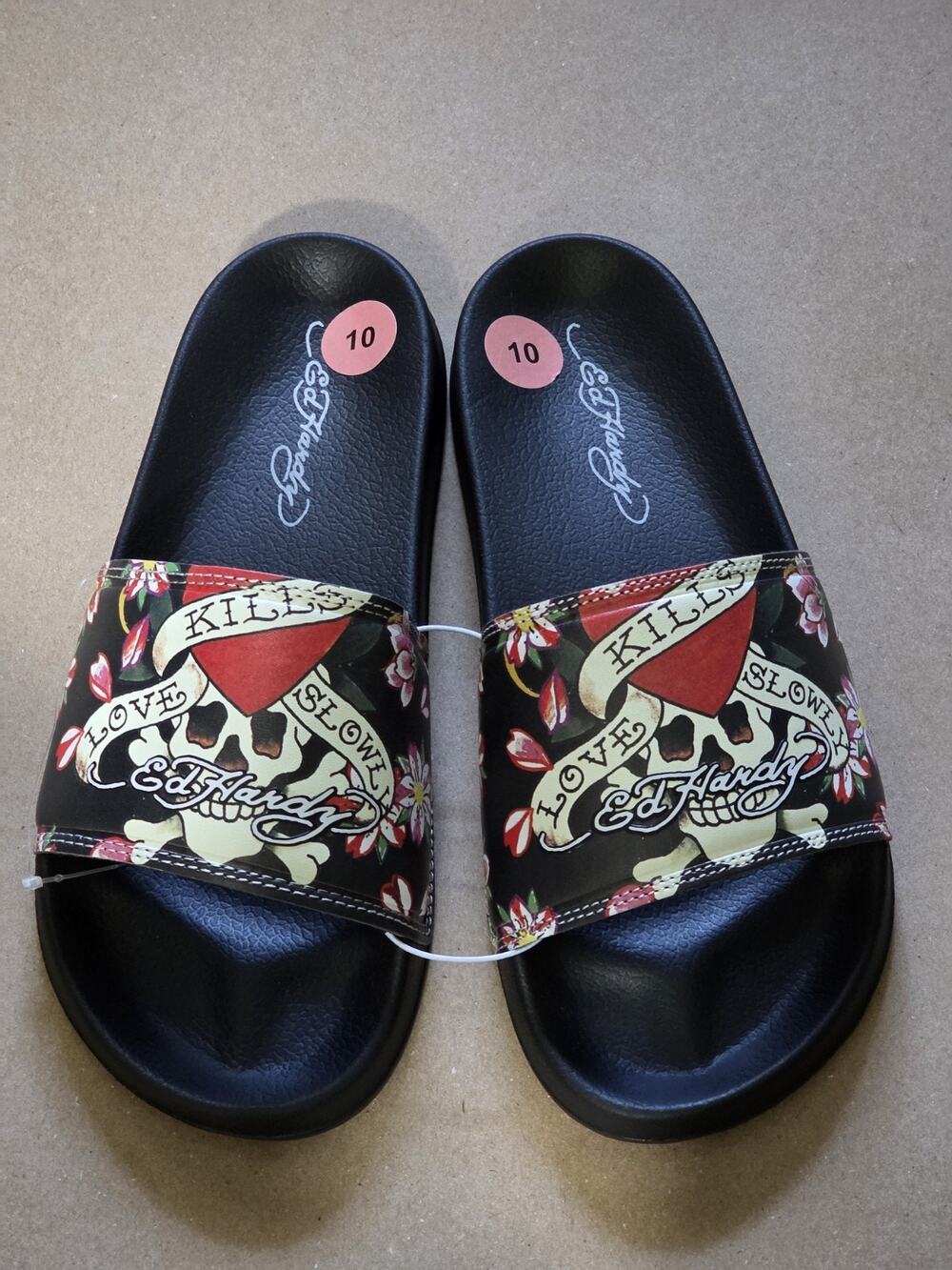 NEW Ed Hardy “Love Kills Slowly” Women’s Slides Size 10 Black Skull Heart Tattoo